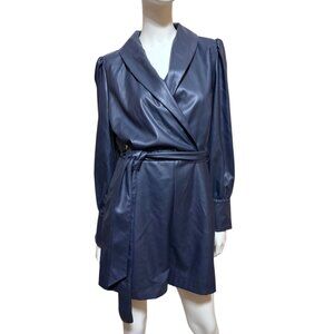 BCBG Slate Blue Faux Leather Long Sleeve Romper M Wrap Moto Luxe Biker Rave